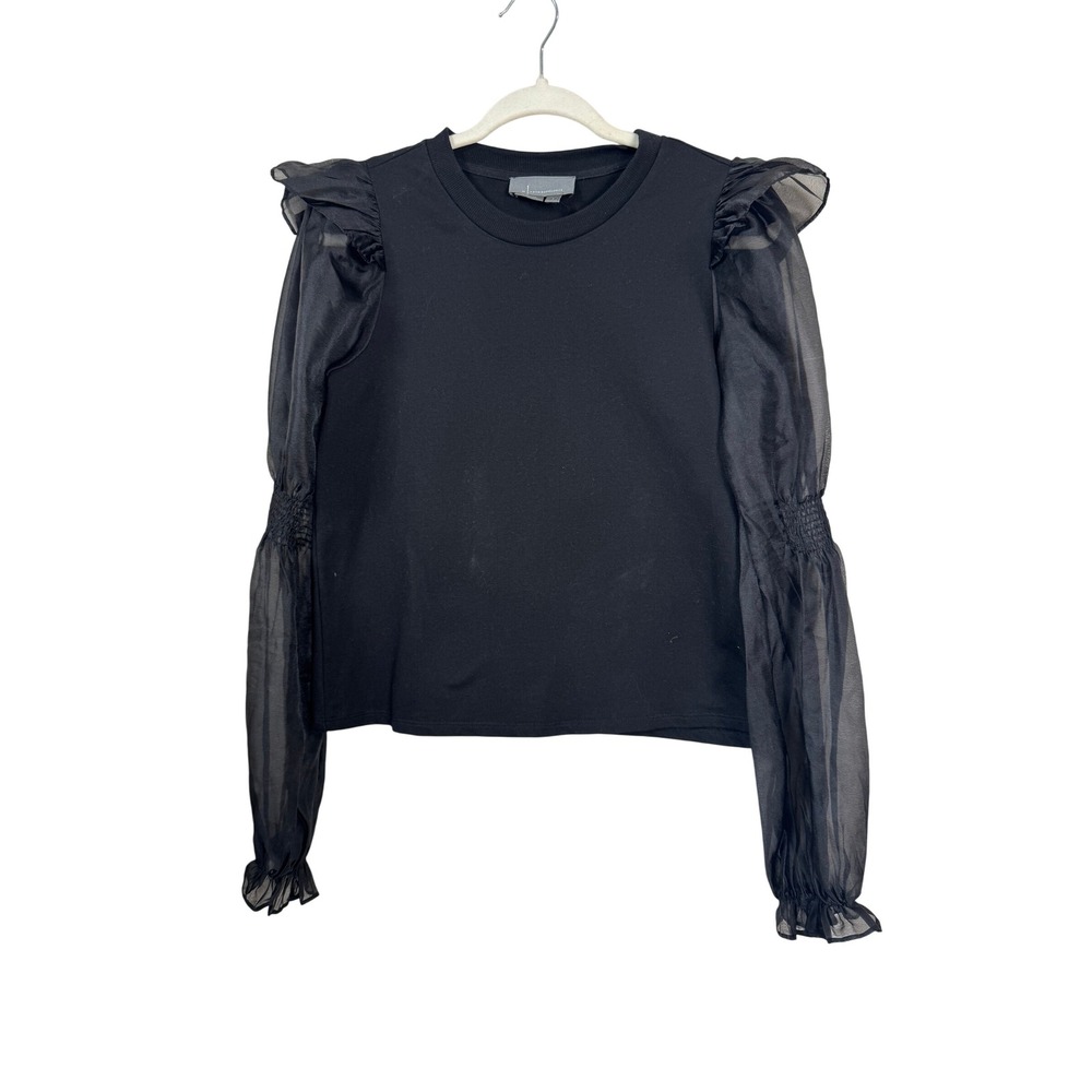 Anthropologie Black Sheer Organza Puff Sleeve Ruffle Smocked Top Small